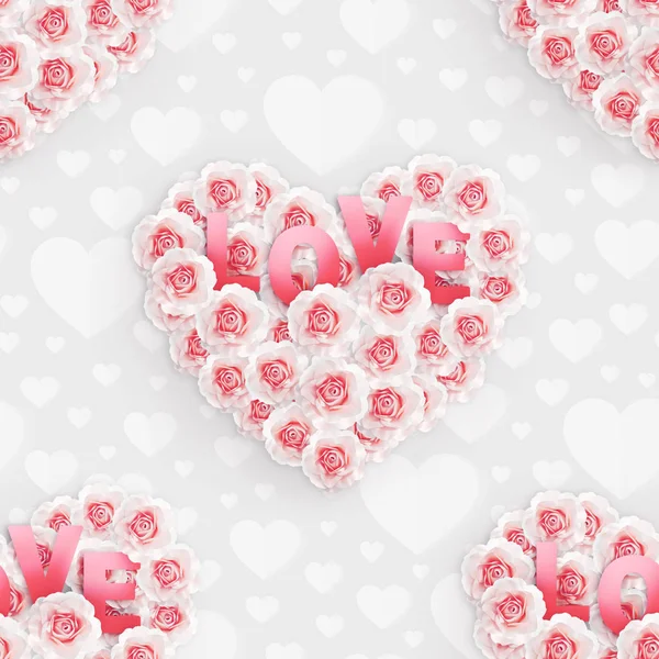 Nahtloses Muster aus luxuriösen weißen und rosa Rosen in der Form eines Herzens, Textliebe. Illustration für Design Valentinstag oder Frauentag Grußkarten, Einladung, Tapete, Geschenkpapier — Stockfoto