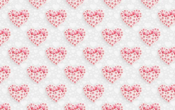 Illustration of luxurious white and pink roses in the shape of a heart, text Love. Shining glitter bokeh background, banner, poster for Birthday, Valentine's Day or Woman's Day. Top view, copy space — Stock Photo, Image