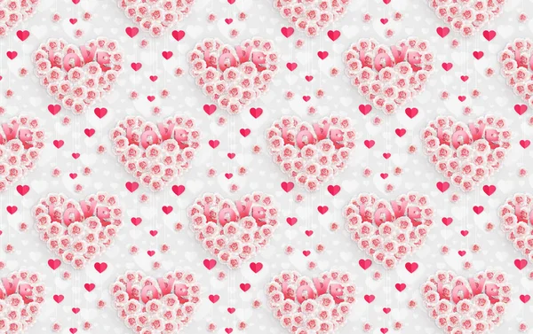 Ilustración de rosas blancas y rosas en forma de corazón, corazones de papel artesanal y flores que cuelgan de un hilo. Fondo brillante, pancarta, cartel de cumpleaños, día de San Valentín o día de la mujer . —  Fotos de Stock