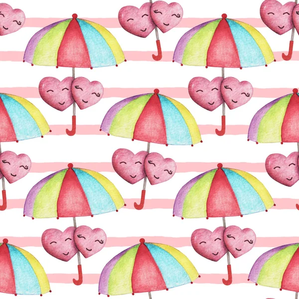 Hand drawn watercolor seamless pattern of two smiling hearts under a colorful umbrella. Illustration for design Valentine's Day or Woman's Day greeting cards, invitation, wallpaper, wrapping paper — 스톡 사진