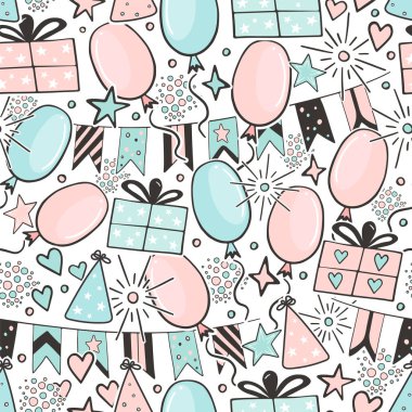Sevimli hediyeler, balonlar, bayraklar, yıldızlar, yıldızlar, kalpler, selamlar ve parti şapkalarıyla el çizimi desensiz vektör. Doğum günü, bebek odası, tebrik kartı, davetiye, duvar kağıdı, ambalaj kağıdı.