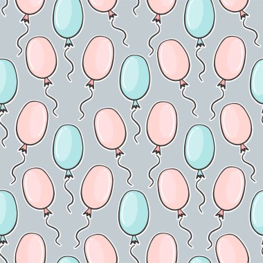 Hand drawn seamless pattern with cute blue and pink party balloons. olorful doodle vector illustration for Birthday, baby room, greeting card, invitation, wallpaper, wrapping paper, packaging.