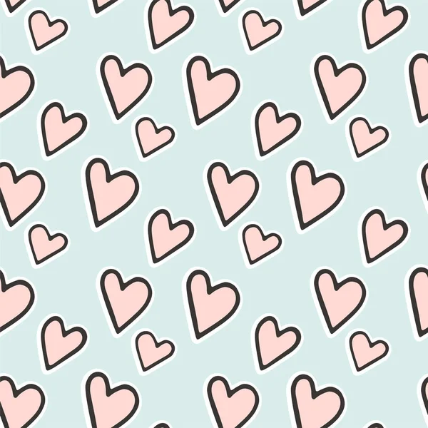 Hand Drawn Seamless Pattern Cute Pink Hearts Blue Background Olorful — 스톡 벡터