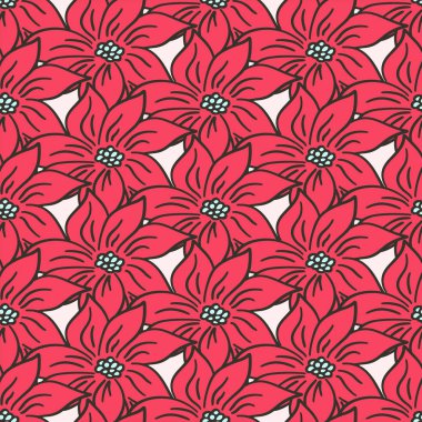 Kırmızı Poinsettia çiçeğinin kusursuz desenli el çizimi vektörü. Kadınlar Günü için çiçek karalama çizimi, oda duvarı, tebrik kartı, davetiye, duvar kağıdı, ambalaj kağıdı, ambalaj kağıdı..