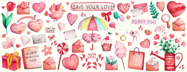 Valentines Day hand drawn watercolor big set of a postal envelopes, heart, flower, leaflet, umbrella, book, cupcake, icing sugar. Illustration for greeting cards, invitation, wallpaper, wrapping paper