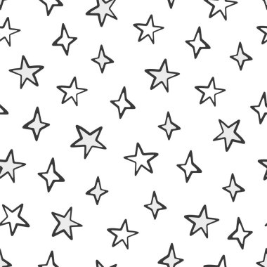 Hand drawn seamless pattern of cute stars on a white background. Doodle vector illustration for Birthday, greeting card, invitation, wallpaper, wrapping paper