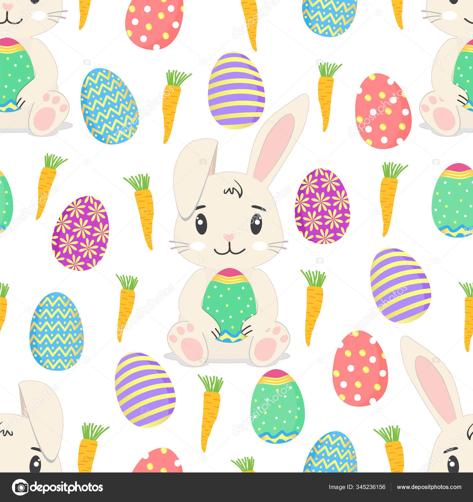 Hand Drawn Seamless Pattern Cute Cartoon Character Rabbit Eggs Carrots Stock Vector C Dianakovach