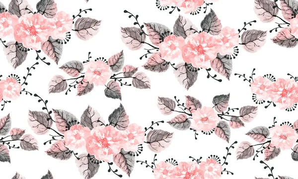 Hand drawn watercolor seamless pattern of pink wildflowers, leaves and branches on a white background. Decorative floral illustration for greeting card, wedding invitation, wallpaper, wrapping paper — Stock Photo, Image