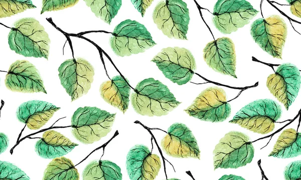 Hand drawn watercolor seamless pattern of green leaves with branches on a white background. Decorative floral illustration for greeting card, wedding invitation, wallpaper, wrapping paper, packaging