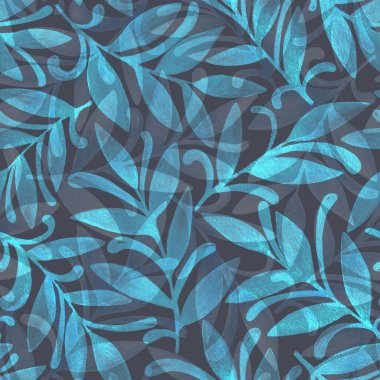 Mavi yapraklardan, dallardan, buklelerden, akan çizgilerden oluşan soyut bir suluboya deseni çizdi. Kutlama kartı, davetiye, duvar kağıdı, ambalaj kağıdı, kumaş, tekstil, ambalaj