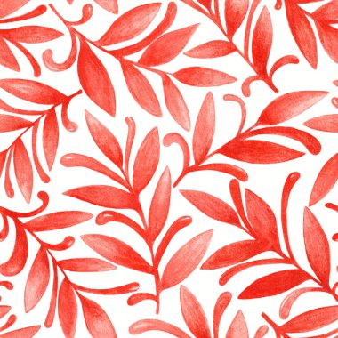 Soyut el, kırmızı yapraklardan, dallardan, buklelerden, akan çizgilerden oluşan dikişsiz suluboya desenler çizdi. Kutlama kartı, davetiye, duvar kağıdı, ambalaj kağıdı, kumaş, tekstil, ambalaj