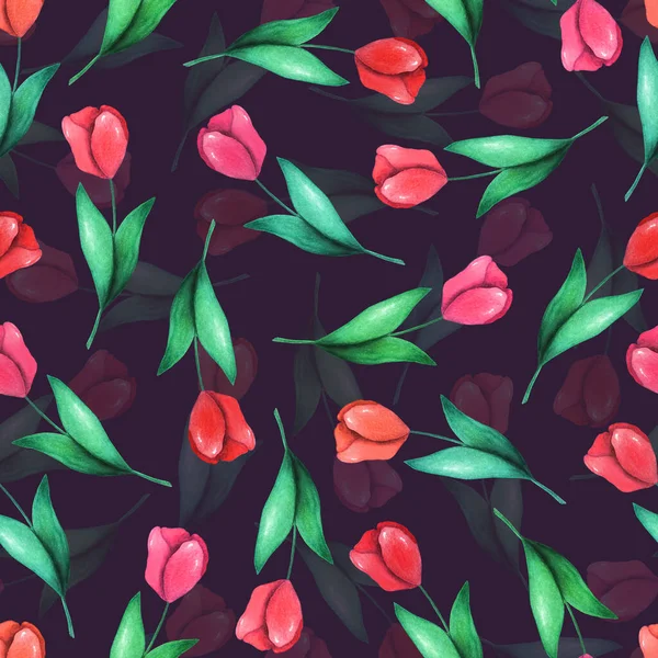 Dekorativa Handritade Akvarell Sömlös Mönster Blommor Blad Och Grenar Röda — Stockfoto