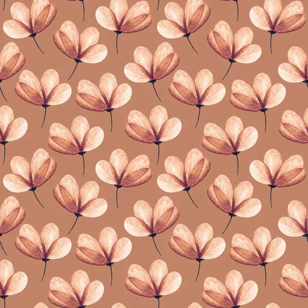 Decorative hand drawn watercolor seamless pattern of copper color flowers. Floral illustration for greeting card, invitation, wallpaper, wrapping paper, fabric, textile, packaging