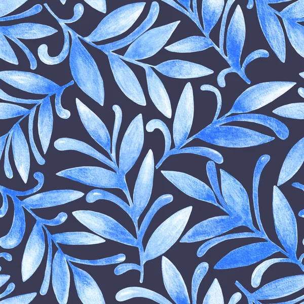 Абстрактный Акварельный Узор Синих Листьев Веток Завитков Струящихся Линий Цветочная — стоковое фото