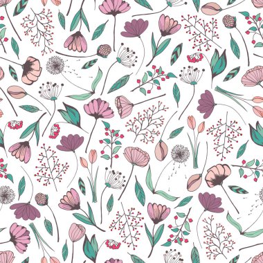 Çiçeklerin, dalların, yaprakların, böğürtlenlerin elle çizilmiş desensiz taşıyıcısı. Tasarım kartları, davetiyeler, duvar kağıtları, ambalaj kağıtları, kumaş, tekstil, ambalaj kağıtları için bahar renkli karalama çizimleri