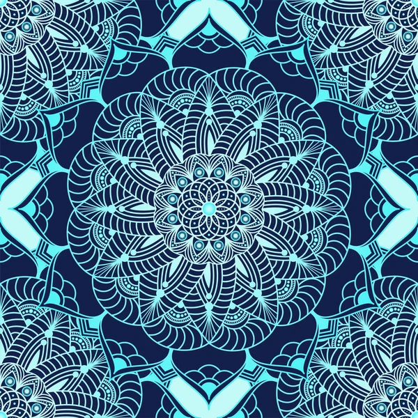 Hand Drawn Seamless Pattern Vector Blue Mandala Floral Elements Vintage — Stock Vector