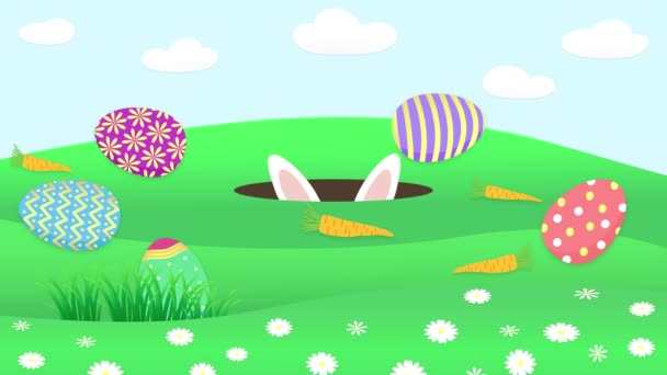 春の牧草地 白いデイジー カラフルな卵 ニンジン ウサギのミンク かわいいウサギはミンクから飛び降り 卵は緑のフィールドに転がり 碑文ハッピーイースター イースターアニメーション — ストック動画