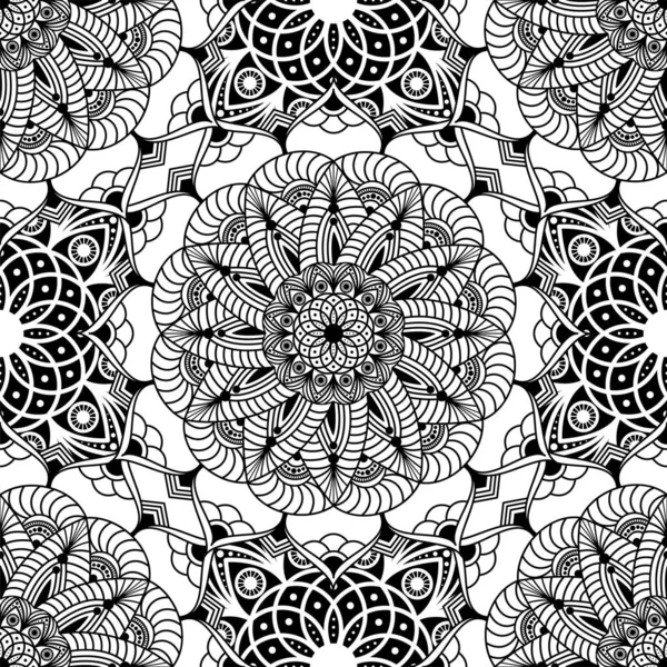 Hand Drawn Seamless Pattern Vector Black Mandala Floral Elements Vintage — Stock Vector