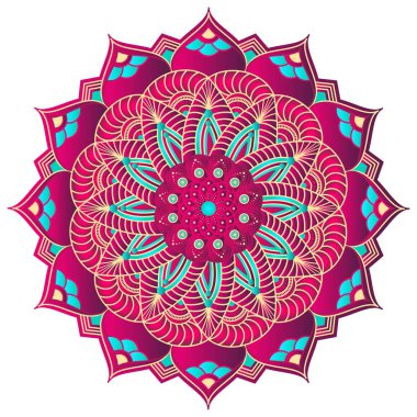 Beyaz arka planda izole edilmiş çiçek elementleri olan mor renkli bir mandala. Tasarım kartları, davetiyeler, kumaşlar ve tekstil için klasik mozaik. Etnik, İslami, Arap, Hintli, Osmanlı motifi