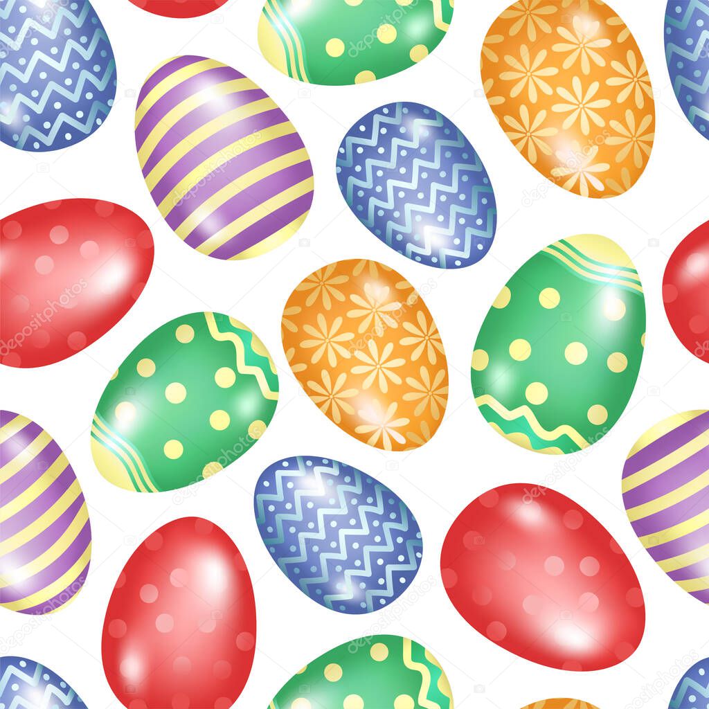 Hand drawn seamless pattern of many different colors eggs with lines, circles, flowers, glare. Colorful spring doodle illustration for Easter, greeting card, invitation, wallpaper, wrapping paper