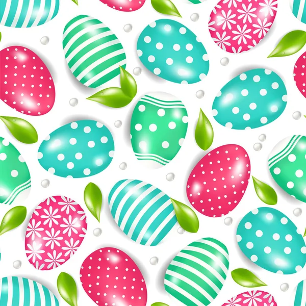 Hand drawn seamless pattern of many eggs with lines, circles, flowers, glare, shadow. Pearls and leaves. Illustration for Easter, greeting card, invitation, wallpaper, wrapping paper, fabric, textile — Stock Illustration Hand Drawn Seamless Pattern Many Eggs Lines Circles Flowers Glare Royalty Free Stock Vectors
