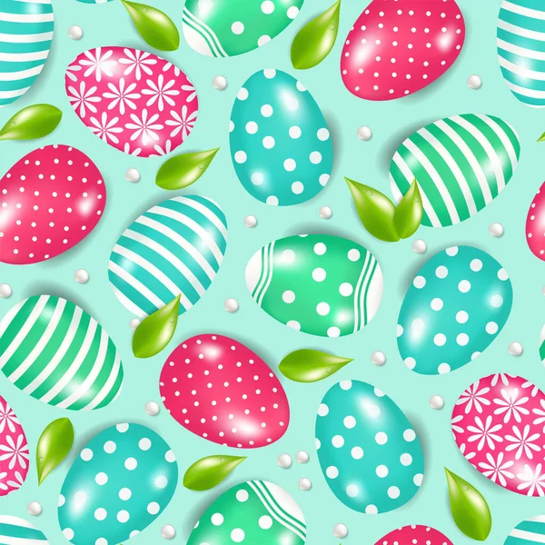 Hand drawn seamless pattern of many eggs with lines, circles, flowers, glare, shadow. Pearls and leaves. Illustration for Easter, greeting card, invitation, wallpaper, wrapping paper, fabric, textile — Stock Illustration Hand Drawn Seamless Pattern Many Eggs Lines Circles Flowers Glare Stock Vector