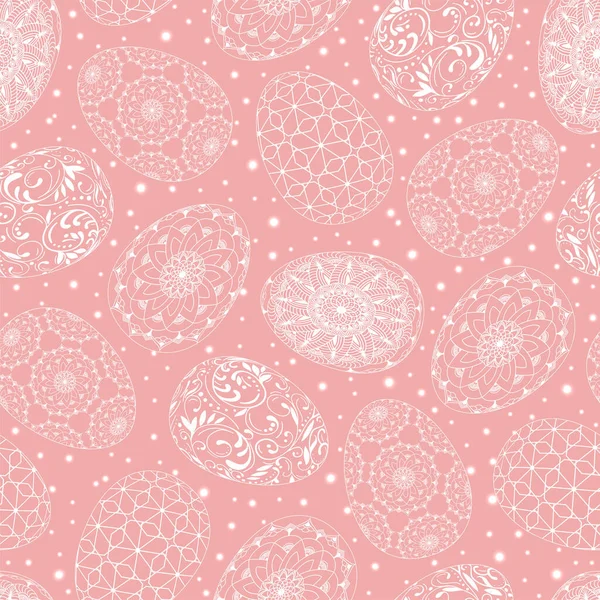 Hand drawn seamless pattern of white eggs with patterns, mandala, flowers, leaves, light, pink background. Ornate illustration at Easter, greeting card, invitation, wallpaper, wrapping paper, textile — Stock Illustration Hand Drawn Seamless Pattern White Eggs Patterns Mandala Flowers Leaves Vector Graphics
