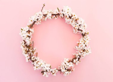 Bahar çelengi, çiçek açan ağaç dalları, pastel pembe arka planda bir daire şeklinde yapraklar. Doğum günü, Sevgililer Günü, Kadınlar Günü için reklam içeriği. Düz yat, üst görünüm, kapat, boşluğu kopyala