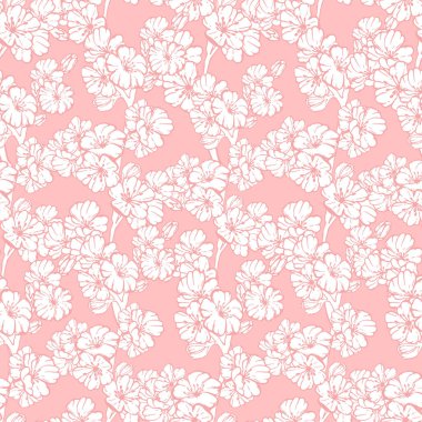 Bahar sakurasının, çiçeklerin, çiçek açan ağaç dallarının ve çiçek elementlerinin el çizimi desensiz taşıyıcısı. Tasarım kartları, davetiyeler, duvar kağıtları, ambalaj kağıtları, kumaşlar için mürekkep karalama çizimi