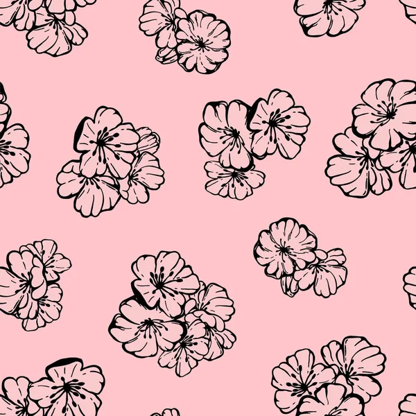 Vector Patrón Sin Costura Dibujado Mano Sakura Primavera Negro Rosa — Archivo Imágenes Vectoriales
