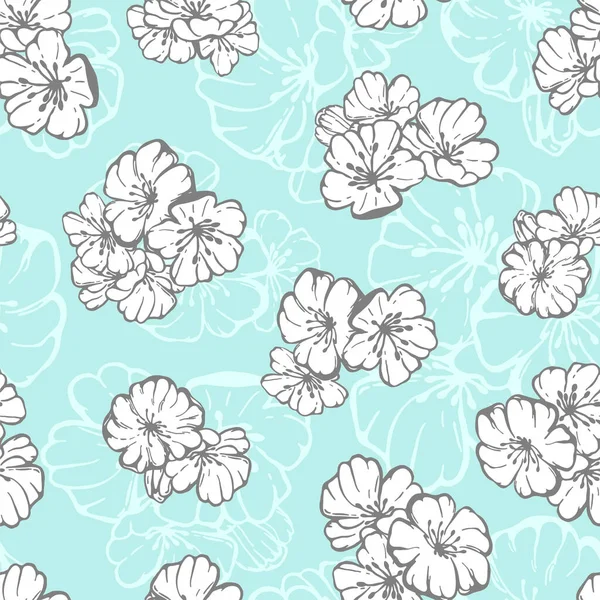 Vector Patrón Sin Costura Dibujado Mano Sakura Primavera Blanco Azul — Archivo Imágenes Vectoriales