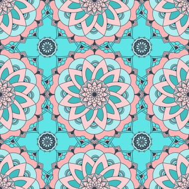 Çiçeksel elementlerle süslü mandala 'nın el çizimi kusursuz desen vektörü. Tasarım fayansları, kartlar, davetiyeler, duvar kağıtları, ambalaj kağıtları için renkli mozaikler. Etnik, İslami, Arap, Hintli, Osmanlı motifleri