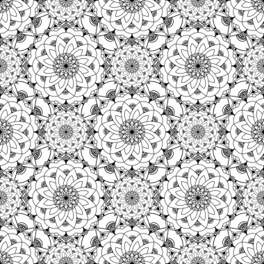 Çiçeksel elementlerle süslü mandala 'nın el çizimi kusursuz desen vektörü. Tasarım fayansları, kartlar, davetiyeler, duvar kağıtları, ambalaj kağıtları için klasik mozaik. Etnik, İslami, Arap, Hintli, Osmanlı motifleri