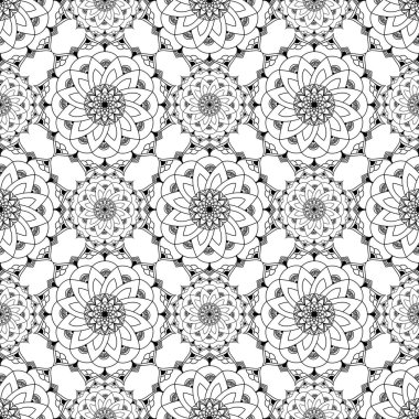 Çiçeksel elementlerle süslü mandala 'nın el çizimi kusursuz desen vektörü. Tasarım fayansları, kartlar, davetiyeler, duvar kağıtları, ambalaj kağıtları için klasik mozaik. Etnik, İslami, Arap, Hintli, Osmanlı motifleri