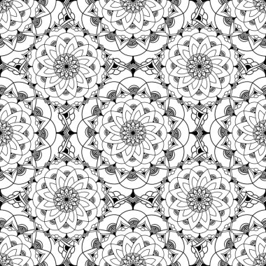 Çiçeksel elementlerle süslü mandala 'nın el çizimi kusursuz desen vektörü. Tasarım fayansları, kartlar, davetiyeler, duvar kağıtları, ambalaj kağıtları için klasik mozaik. Etnik, İslami, Arap, Hintli, Osmanlı motifleri