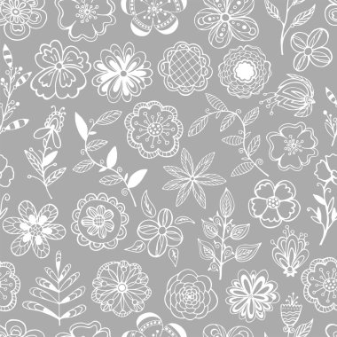 Çiçeklerin el çizimi kusursuz desen vektörü, desenli yapraklar. Bahar çiçekleri. Tasarım kartı, davetiye, duvar kağıdı, ambalaj kağıdı, kumaş için mürekkep karalama çizimi çizimi