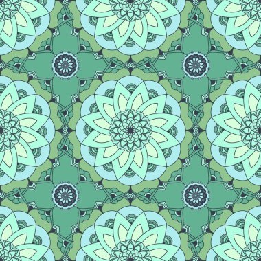 Çiçeksel elementlerle süslü mandala 'nın el çizimi kusursuz desen vektörü. Tasarım fayansları, kartlar, davetiyeler, duvar kağıtları, ambalaj kağıtları için renkli mozaikler. Etnik, İslami, Arap, Hintli, Osmanlı motifleri