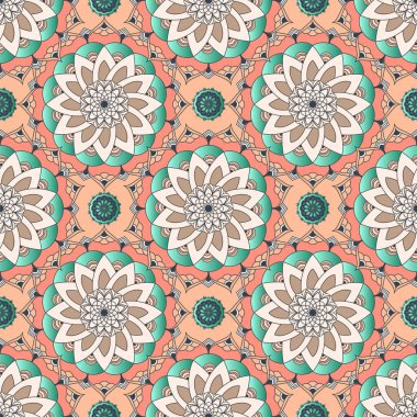 Çiçeksel elementlerle süslü mandala 'nın el çizimi kusursuz desen vektörü. Tasarım fayansları, kartlar, davetiyeler, duvar kağıtları, ambalaj kağıtları için renkli mozaikler. Etnik, İslami, Arap, Hintli, Osmanlı motifleri