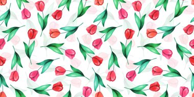 Beyaz arka planda çiçek, yaprak ve dalların kusursuz çizimi. Kırmızı laleler. Tasarım kartı, davetiye, duvar kağıdı, ambalaj kağıdı, kumaş için dekoratif suluboya çizimi