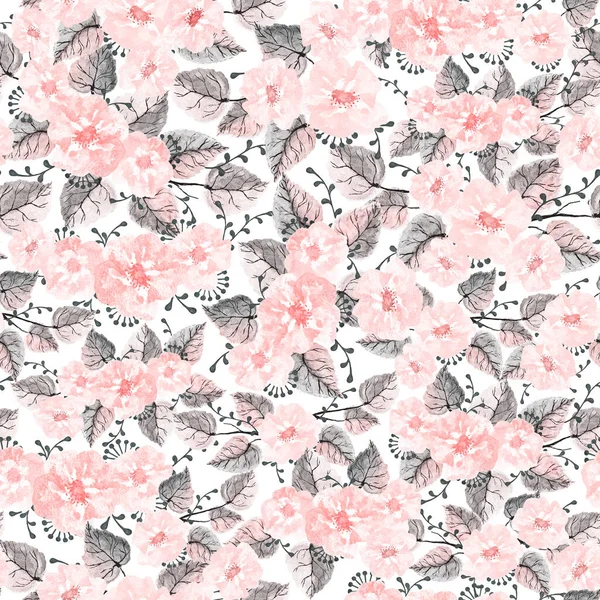 Hand drawn seamless pattern of pink blooming wildflowers, leaves and branches on a white background. Decorative watercolor illustration for design card, invitation, wallpaper, wrapping paper, fabric