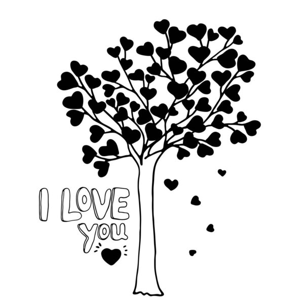 Hand drawn doodle sketch of tree on which grow hearts. Lettering I Love You. Vector concept illustration for design card, invitation to celebrate Birthday, Womens day, Mother's Day, Valentines Day