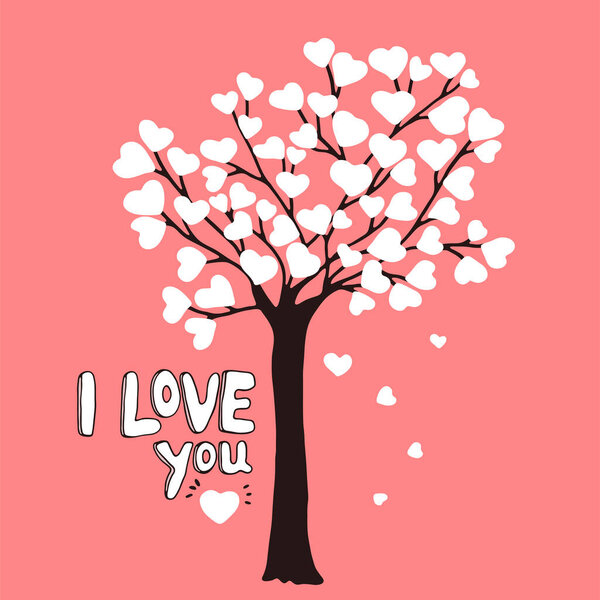 Hand drawn doodle sketch of tree on which grow hearts. Lettering I Love You. Colorful vector illustration for design card, invitation to celebrate Birthday, Womens day, Mother's Day, Valentines Day