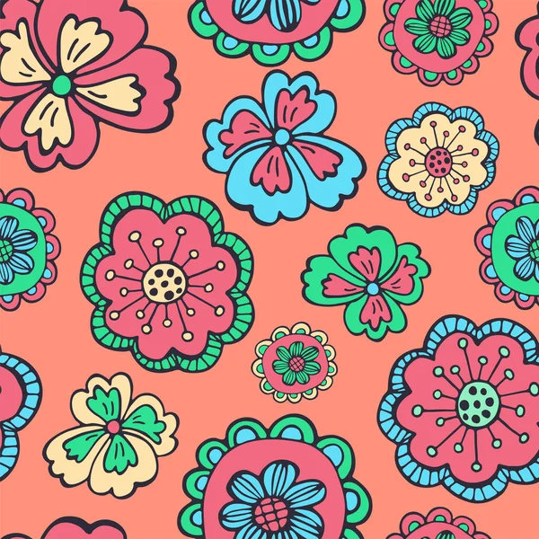 手描きの花のシームレスなパターンを開花 パターンと葉 春の花のセット要素 カラフルなドアスケッチイラストデザインカード 招待状 包装紙 ファブリック — ストックベクタ