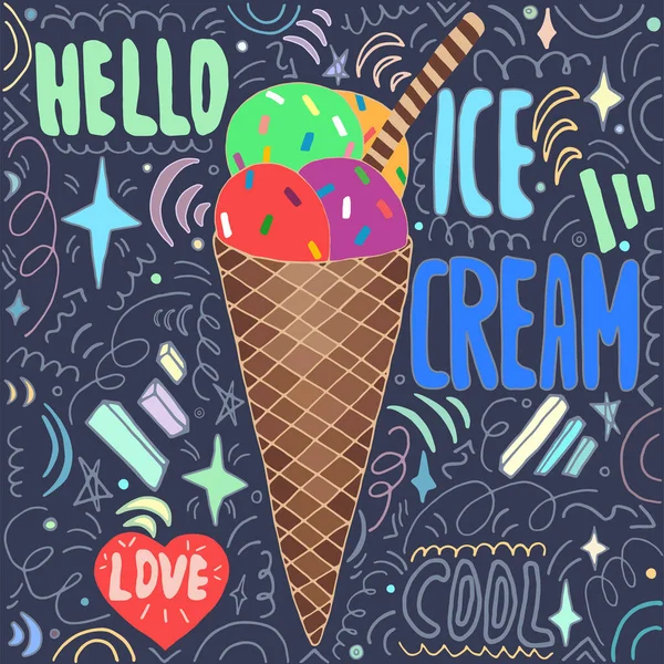Hand Drawn Colorful Set Illustration Waffle Cone Ice Cream Balls — Stock Vector