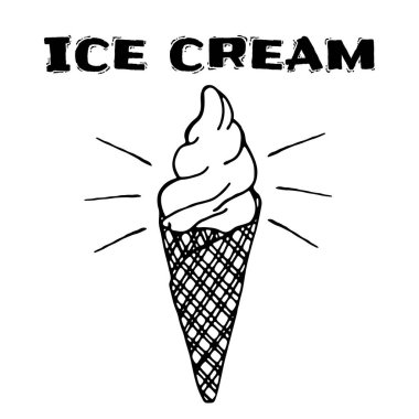 Waffle külahında elle çizilmiş dondurma boynuzu resmi. Beyaz arka planda izole edilmiş yaz tatlı illüstrasyonu. Tebrik kartı, davet, tarif, çıkartma için vektör simgesi
