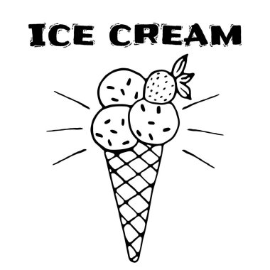 Elle çizilmiş dondurma boynuzu çizimi, üç top, çilekli waffle külahı. Beyaz arka planda izole edilmiş yaz tatlı illüstrasyonu. Tebrik kartı, davet, tarif, çıkartma için vektör simgesi