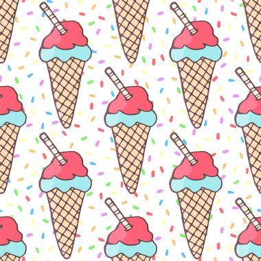 El yapımı, pürüzsüz dondurma deseni, waffle külahı, toz, beyaz arka planda çikolata kamışı. Tasarım kartı, davetiye, duvar kâğıdı, ambalaj kağıdı, kumaş