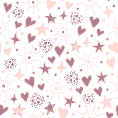 Sevimli pembe ve mor yıldızların, kalplerin ve selamların el çizimi kusursuz desen vektörü. Doğum günü için renkli karalama çizimi, bebek odası, tebrik kartı, davetiye, duvar kağıdı, ambalaj kağıdı, paketleme