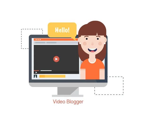 Κορίτσι βίντεο Blogger στον υπολογιστή. Blogging έννοια. Ψηφιακή blog. Επίπεδη διανυσματικά εικονογράφηση — Διανυσματικό Αρχείο