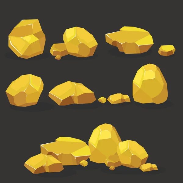 Rocas doradas, pepitas preparadas. Piedras individuales o apiladas para daños y escombros para el diseño de arquitectura de arte del juego — Vector de stock